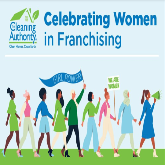 blue box with 9 women walking across vertically holding signs that say girl power. On the top it saying celebrating women in franchising