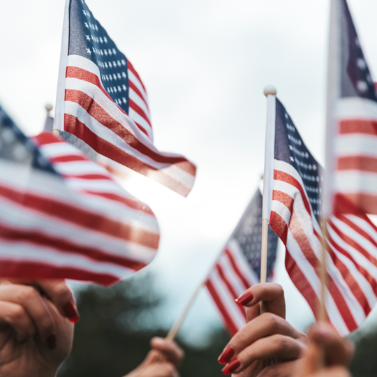 hands holding up multiple american flags