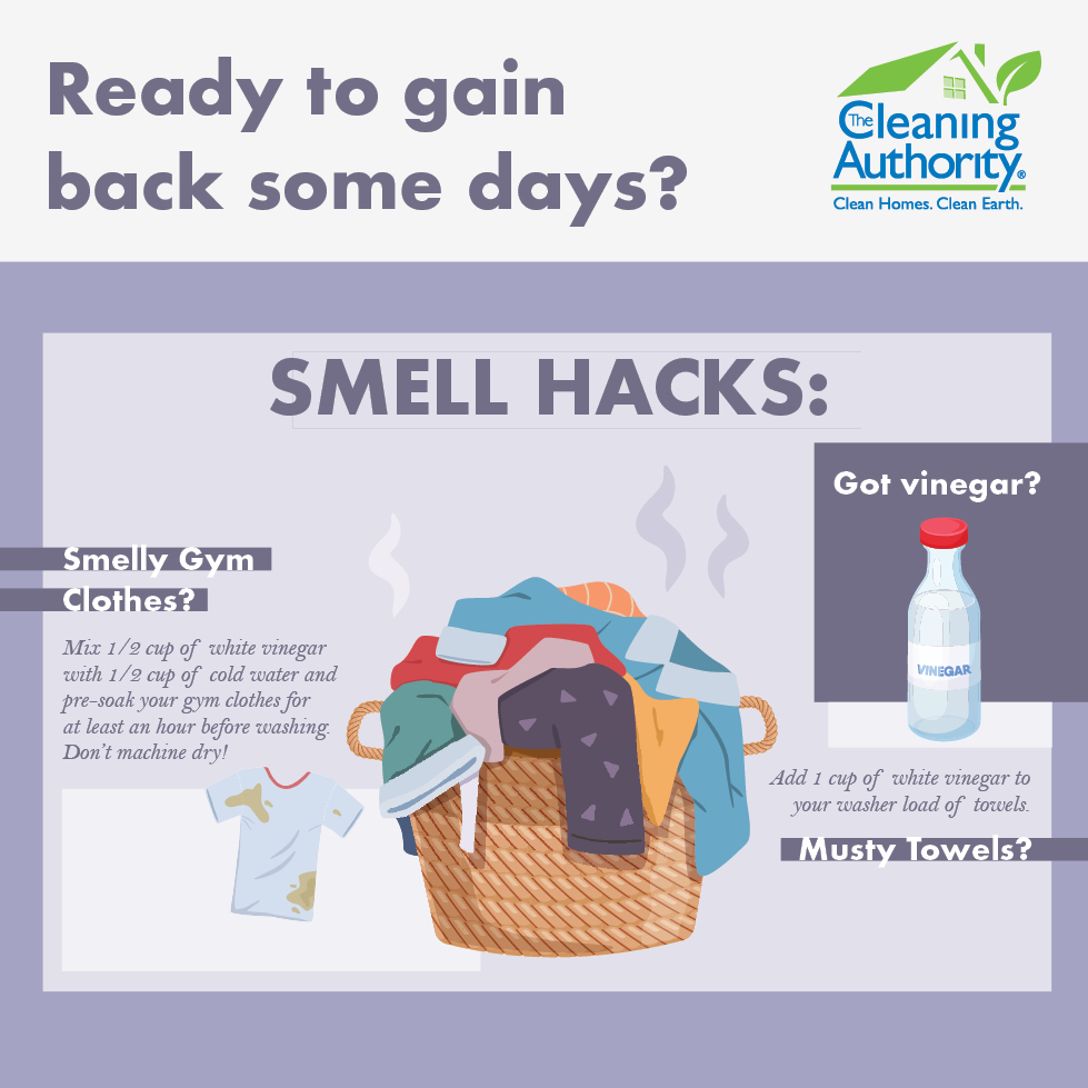 An infographic that says how to add 1 cup of white vinegar to laundry to remove musty smells