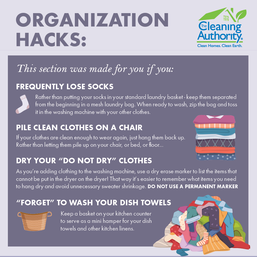Infographic of laundry organization hacks for lost socks, dish towels, and more. 