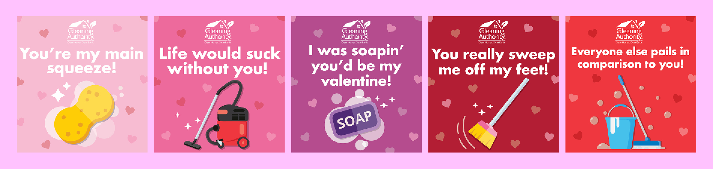 5 illustrated Valentines with cleaning puns.